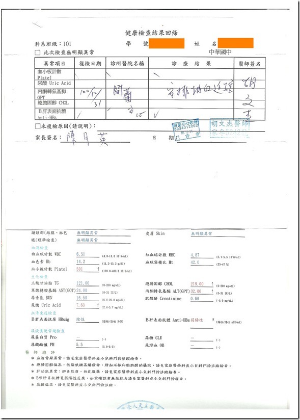 健康檢查回條