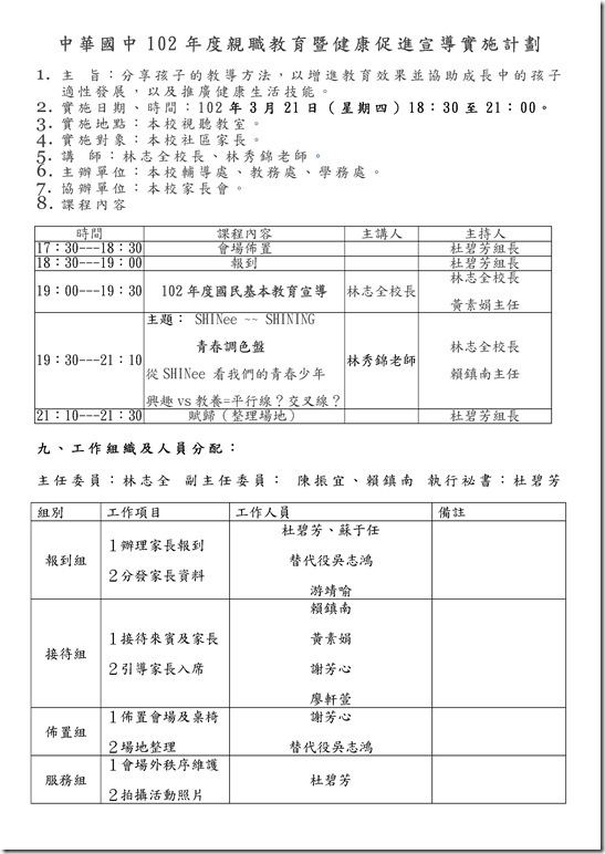 Microsoft Word - 中華國中102年度親職教育暨健康促進宣導實施計劃.doc