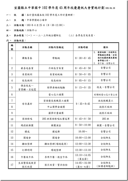 Microsoft Word - 45周年校慶-慶祝大會實施計劃(公告).doc