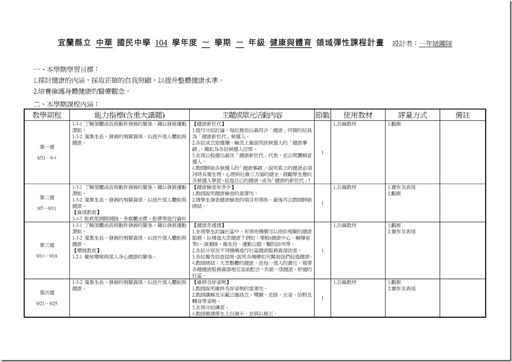 Microsoft Word - 104(一)中健體1上三次考查彈性課程計畫