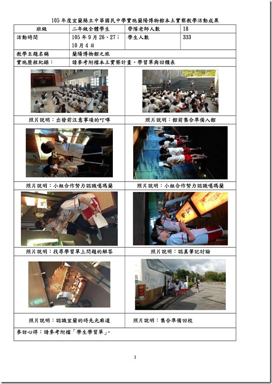 宜蘭縣立中華國中九十七學年度一年級校外教學實施計劃 98
