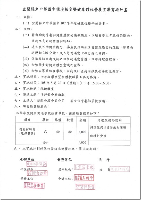 宜蘭縣中華國中營養教育暨健康體位衛生教育實施計畫