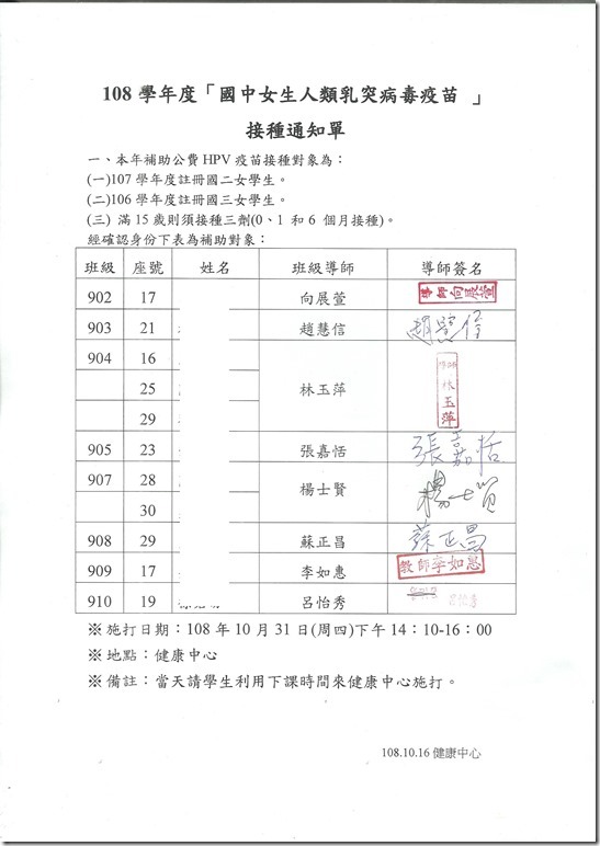 108學年度「九年級國中女學生人類乳突病毒疫苗 」接種通知單-9年級第二劑名單(隱私)