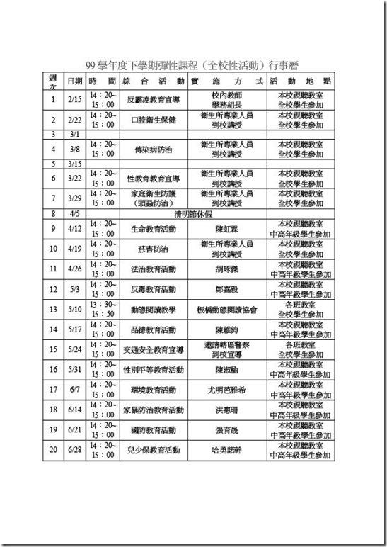 2-1-1 99學年度下學期彈性課程實施行事曆-1