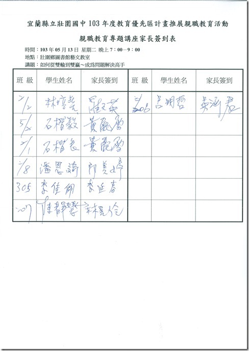 家長簽到冊