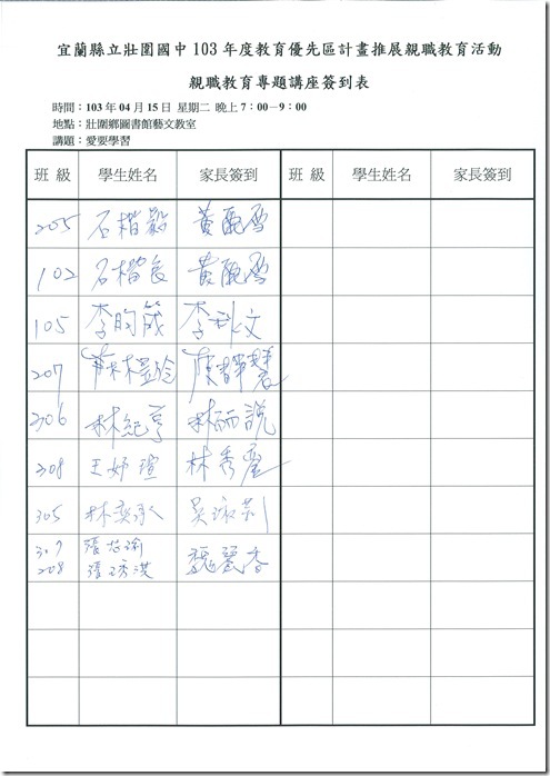 家長簽到表