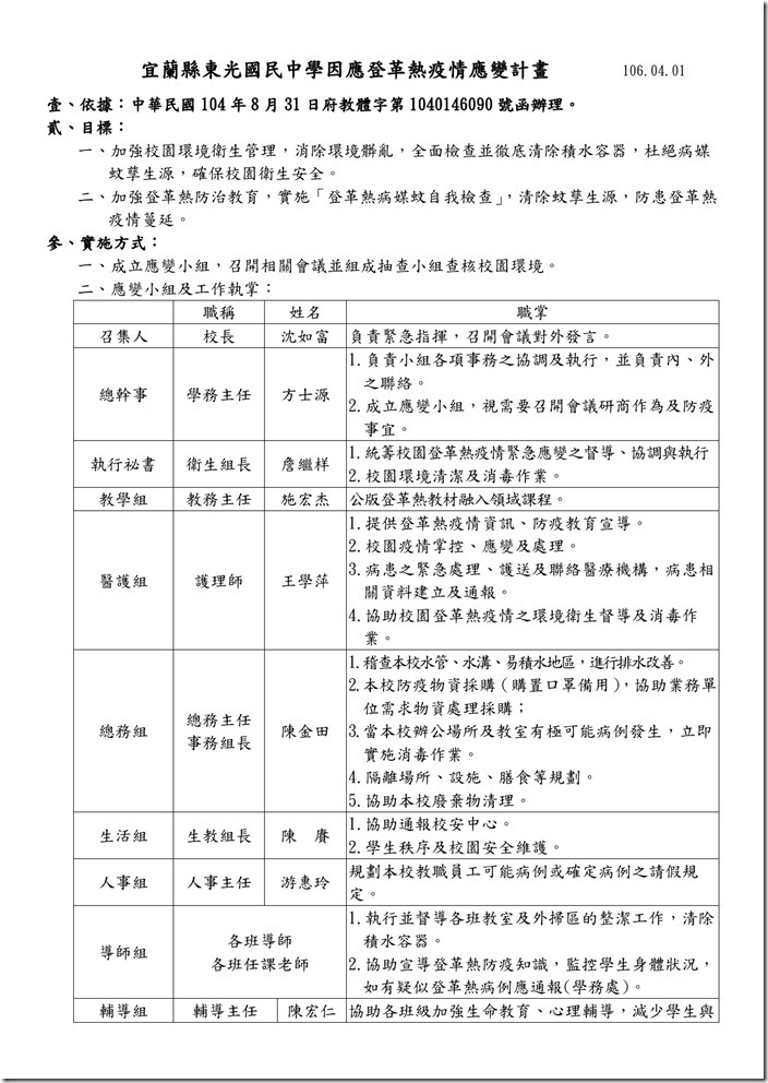 宜蘭縣東光國民中學登革熱應變計畫106.04.01(更新版)-1