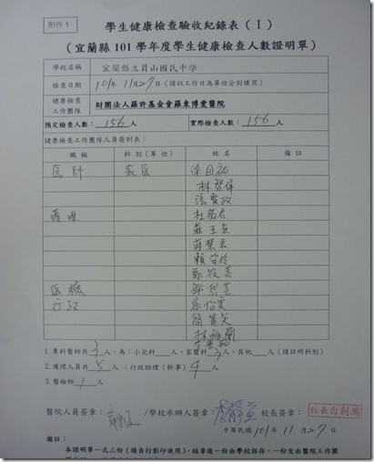 七年級學生健康檢查驗收紀錄表