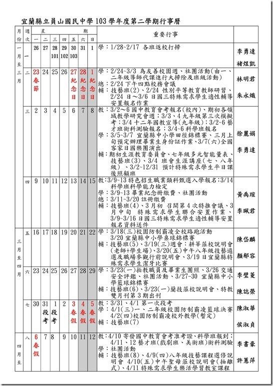 Microsoft Word - 宜蘭縣立員山國民中學103學年度第二學期行事曆.doc