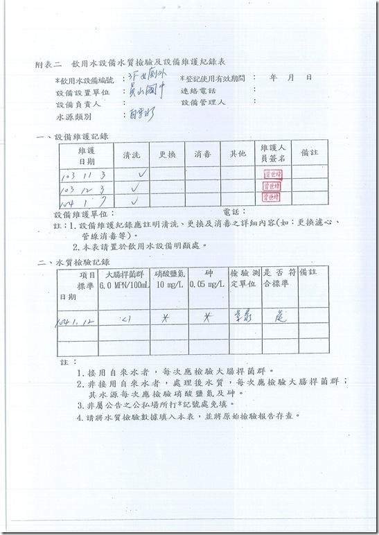 飲水機水質檢測紀錄 - 1