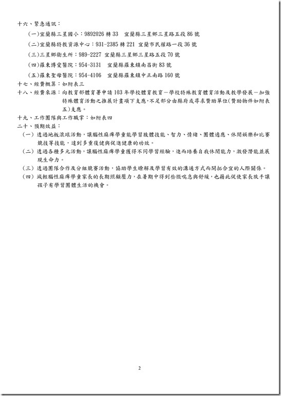 Microsoft Word - 宜蘭縣103年度國中小特殊教育學童 地板滾球體驗營實施計畫1030527_30123410.doc0001