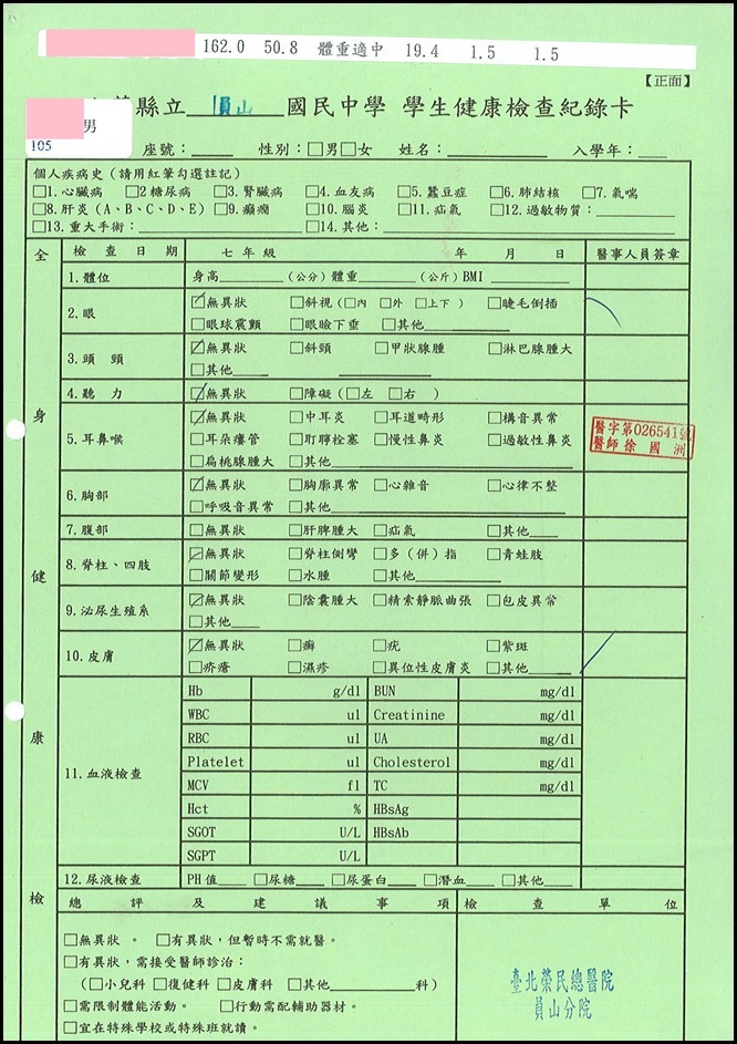 健康檢查結果異常暨矯治追蹤關懷紀錄10604078