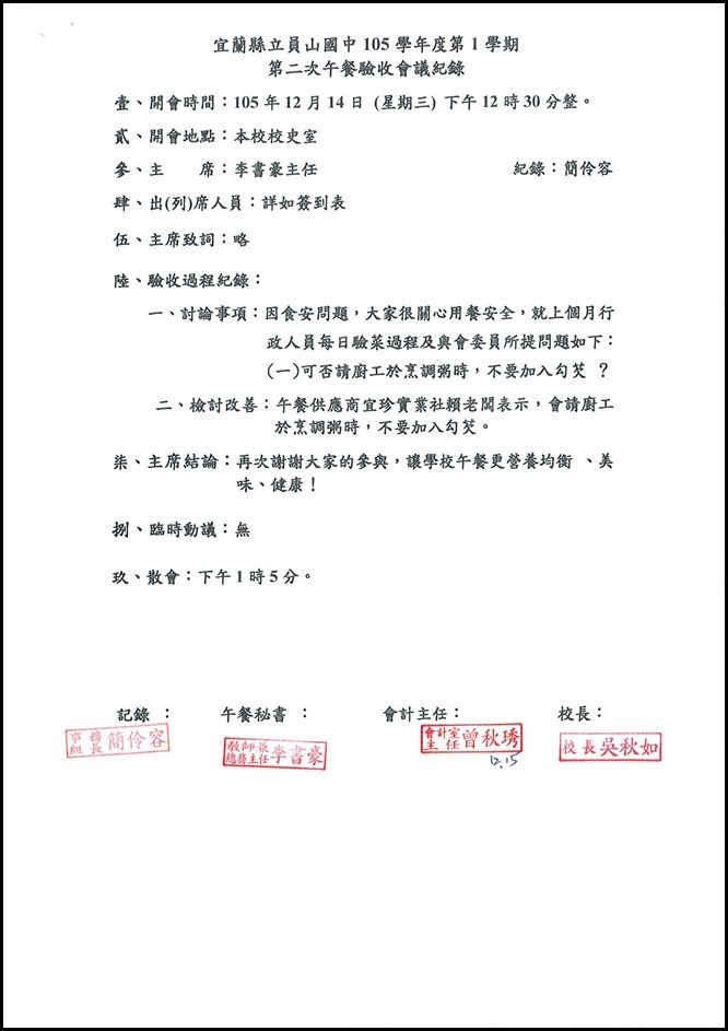 105學年度第1學期第二次午餐驗收會議紀錄1