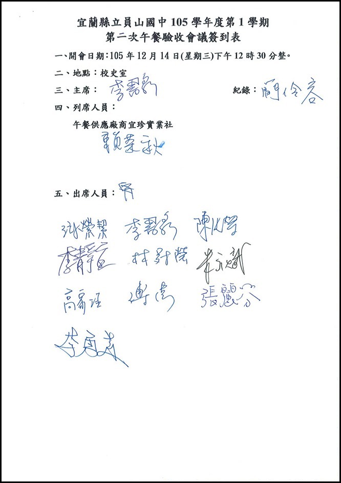 105學年度第1學期第二次午餐驗收會議紀錄2