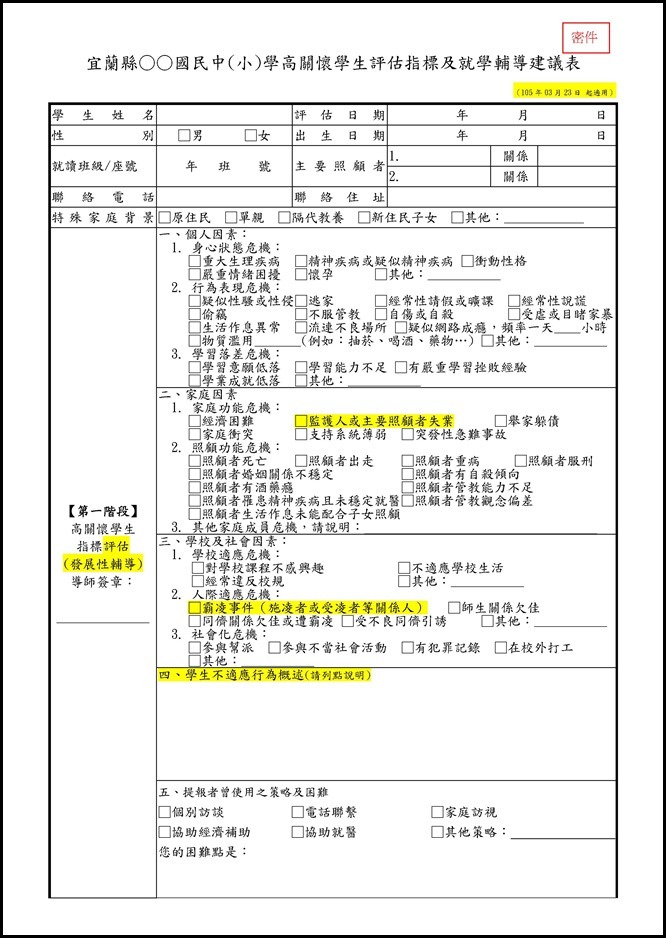 Microsoft Word - 「高關懷學生評估指標及就學輔導流程圖」、「高關懷學生評估指標及就學輔導建議表」、「高關懷學生名冊」修正版0001