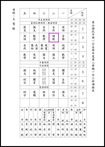 105學年度第二學期健教班級課表4