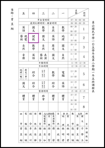 105學年度第二學期健教班級課表6