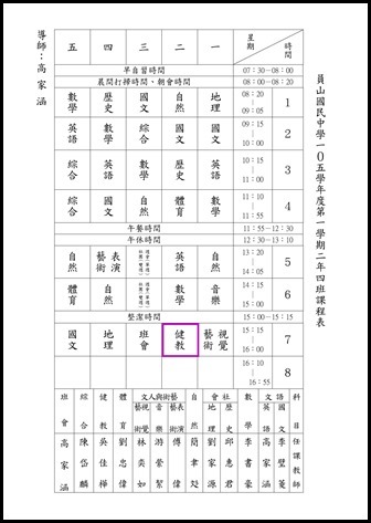 105學年度第一學期健教班級課表10