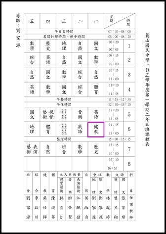 105學年度第一學期健教班級課表11