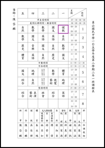 105學年度第二學期健教班級課表7