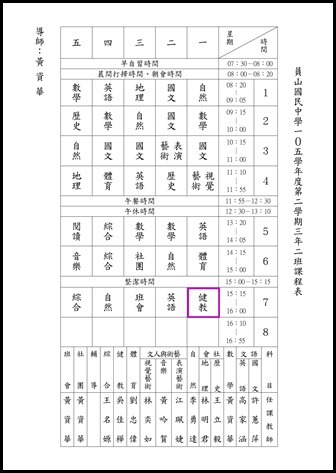 105學年度第二學期健教班級課表14