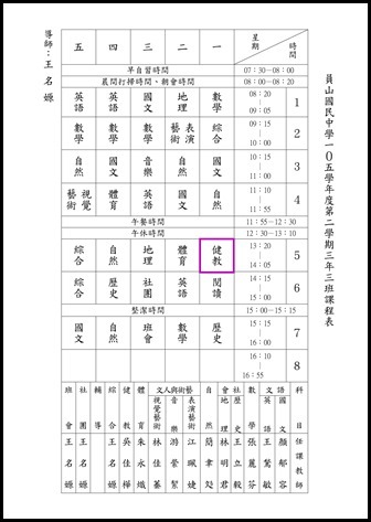 105學年度第二學期健教班級課表15