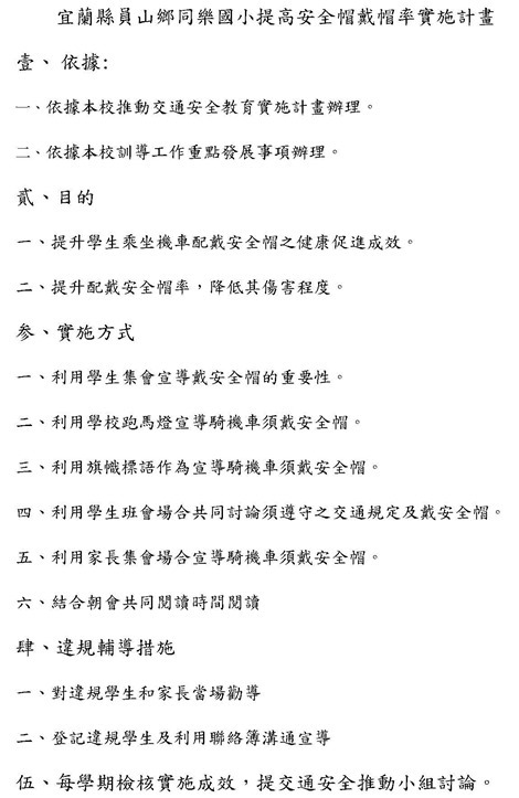 宜蘭縣員山鄉同樂國小提高安全帽戴帽率實施計畫